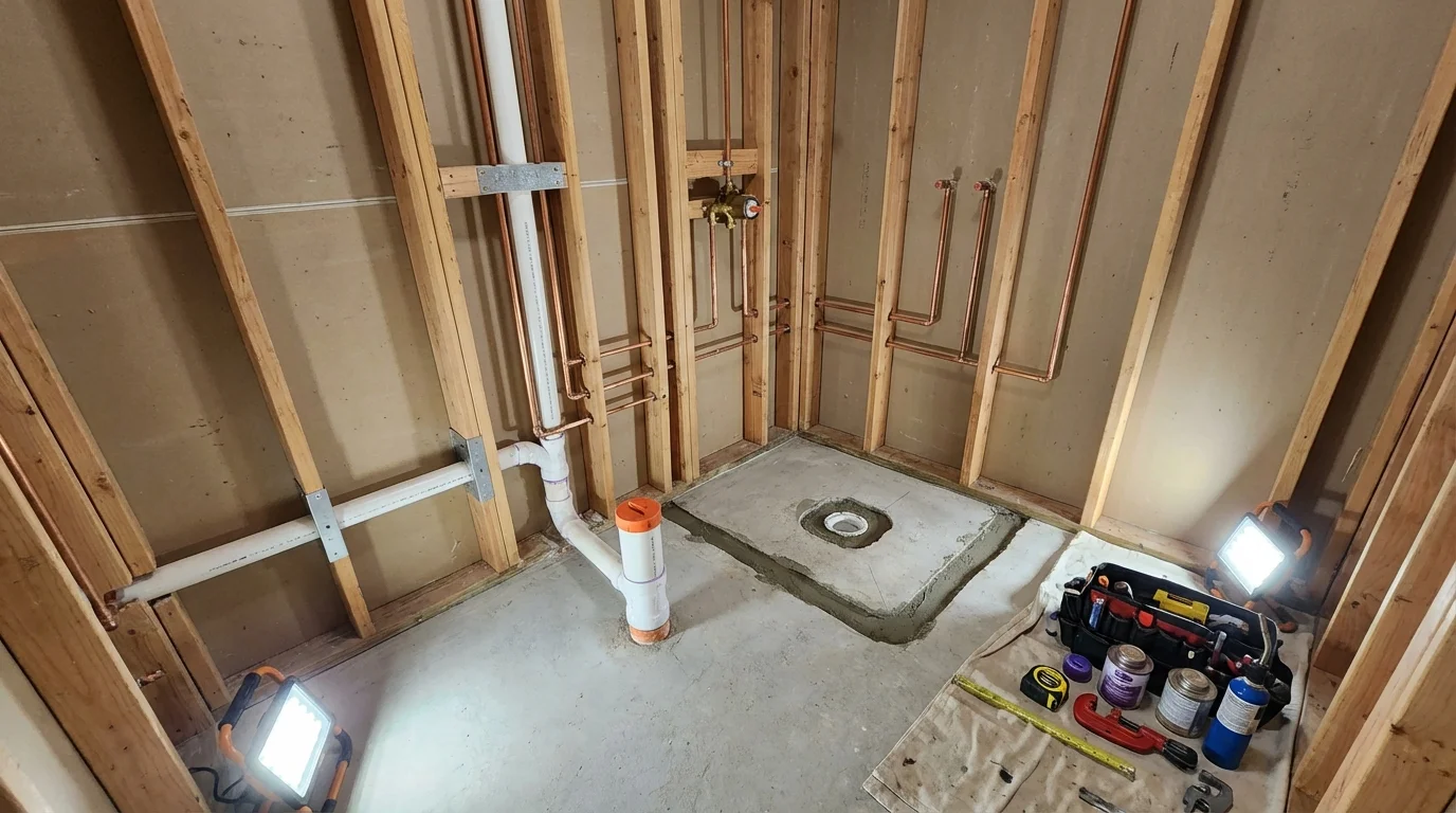 Bathroom rough-in plumbing during remodel by Johns Plumbing LLC in Markle