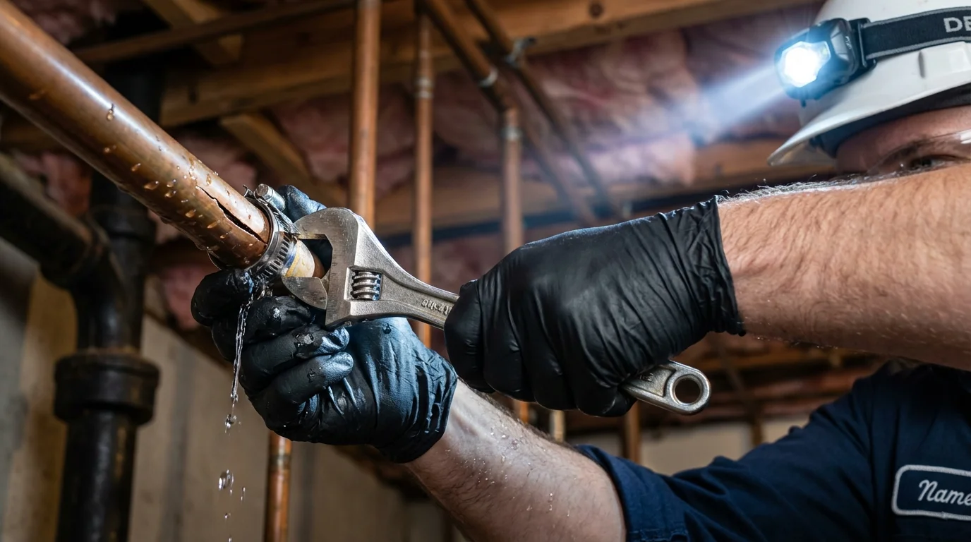 Emergency pipe clamp repair being performed by a Johns Plumbing LLC plumber in Markle