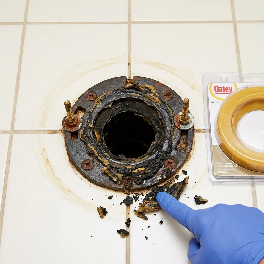 Failed wax ring showing water seepage at the base of a toilet in a Markle, IN home