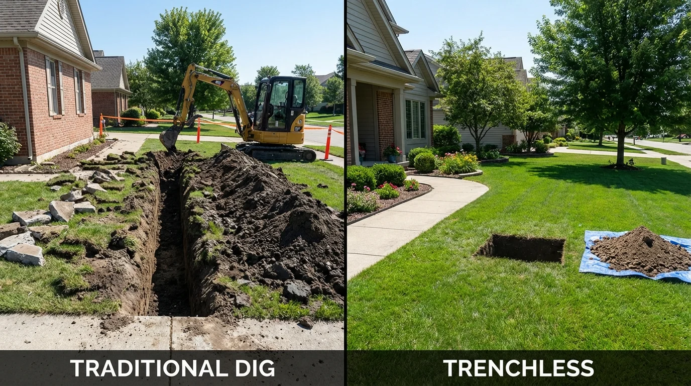 Trenchless sewer repair with minimal yard damage versus traditional excavation in Markle, IN