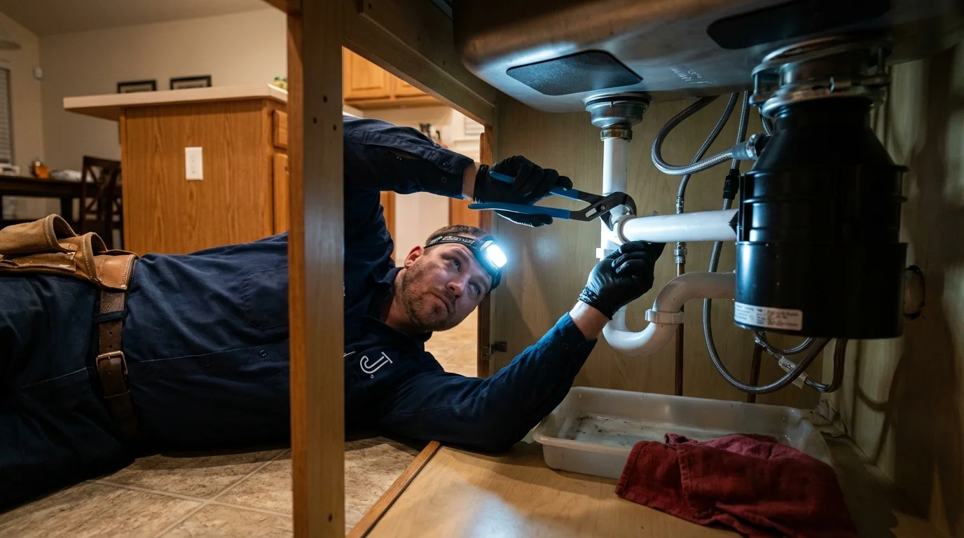 P-trap and supply line connections under a kitchen sink showing a common leak point in Markle, IN